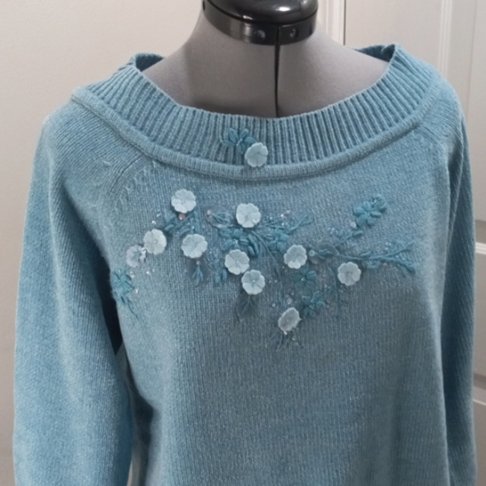 Karen Scott Acrylic Sweater W/ Embroidered Front